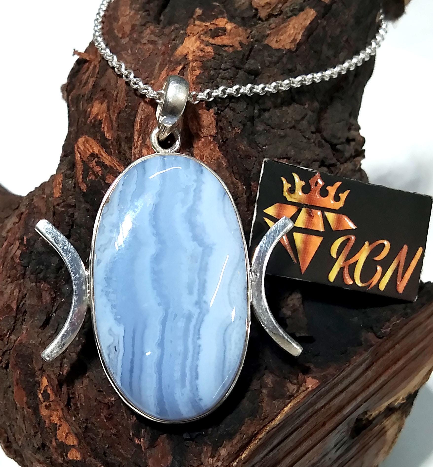 Natural Blue Lace Agate Gemstone Chain Pendant, 925 Sterling Silver Pendant Jewelry, Silver Designer Handmade Pendant, Gift Birthday Pendant
